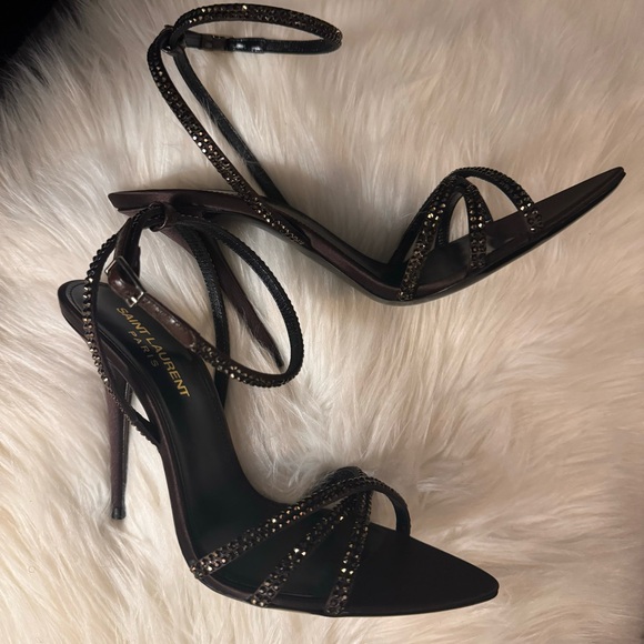 YSL Ava Sandals in Crepe Satin with Rhinestones - Picture 6 of 17